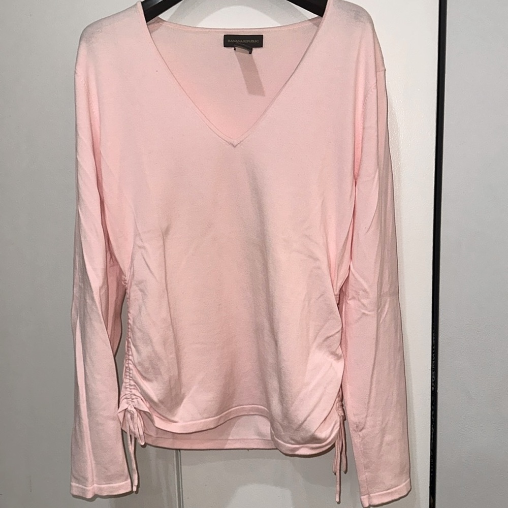 V-neck pink top with side ruching, long sleeves